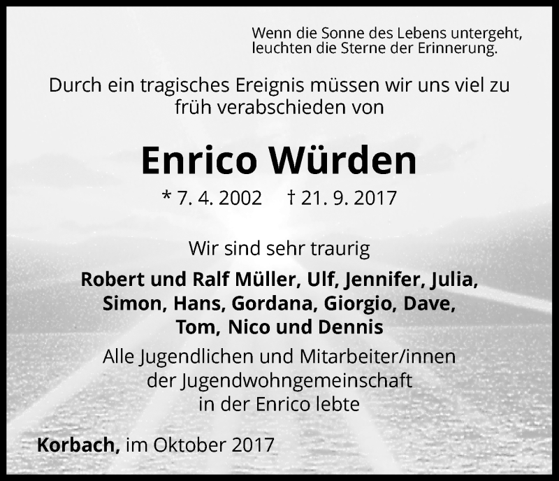  Traueranzeige für Enrico Würden vom 02.10.2017 aus Waldeckische Landeszeitung