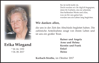 Traueranzeige von Erika Wiegand von Waldeckische Landeszeitung