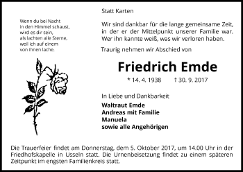 Traueranzeige von Friedrich Emde von Waldeckische Landeszeitung