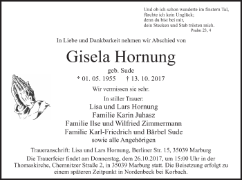 Traueranzeige von Gisela Hornung von Waldeckische Landeszeitung