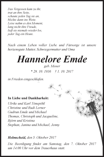 Traueranzeige von Hannelore Emde von Waldeckische Landeszeitung