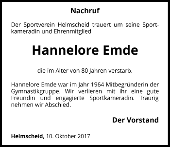 Traueranzeige von Hannelore Emde von Waldeckische Landeszeitung