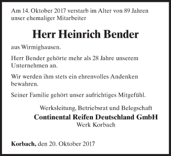 Traueranzeige von Heinrich Bender von Waldeckische Landeszeitung