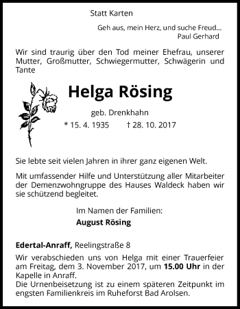 Traueranzeige von Helga Rösing von Waldeckische Landeszeitung