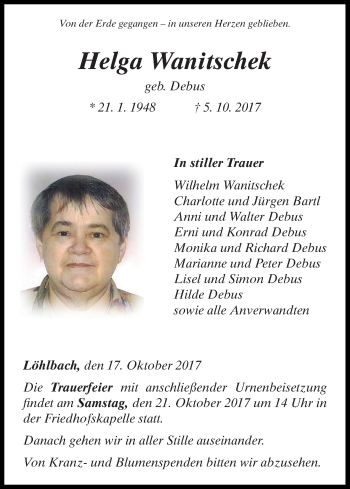 Traueranzeige von Helga Wanitschek von Waldeckische Landeszeitung