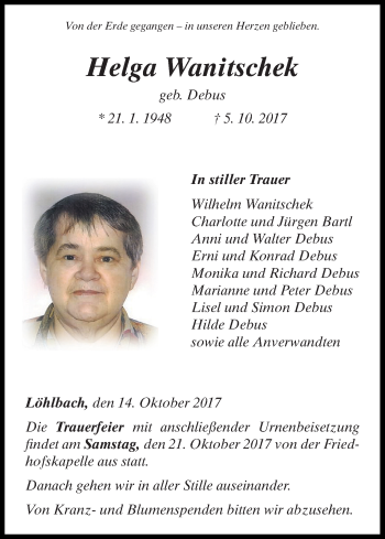 Traueranzeige von Helga Wanitschek von Waldeckische Landeszeitung