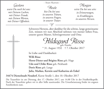 Traueranzeige von Hildegard Risse von Waldeckische Landeszeitung