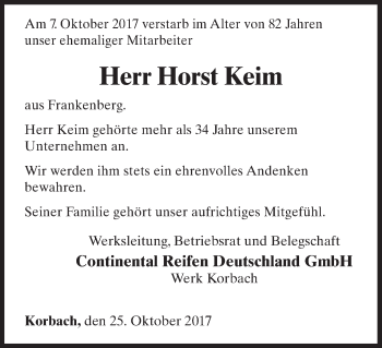 Traueranzeige von Horst Keim von Waldeckische Landeszeitung