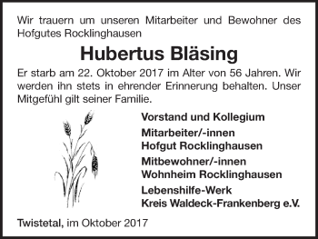 Traueranzeige von Hubertus Bläsing von Waldeckische Landeszeitung