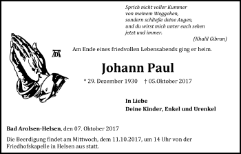 Traueranzeige von Johann Paul von Waldeckische Landeszeitung