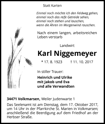 Traueranzeige von Karl Niggemeyer von Waldeckische Landeszeitung