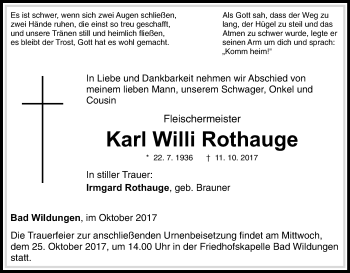 Traueranzeige von Karl Willi Rothauge von Waldeckische Landeszeitung