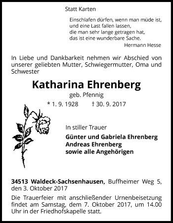 Traueranzeige von Katharina Ehrenberg von Waldeckische Landeszeitung