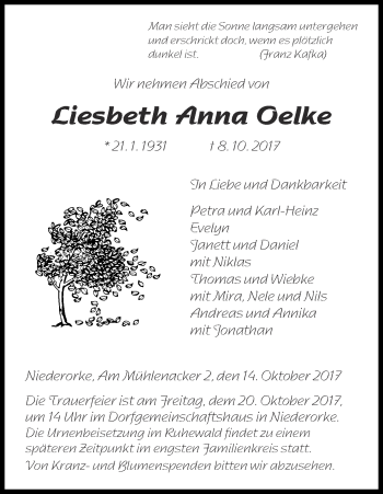 Traueranzeige von Liesbeth Anna Oelke von Waldeckische Landeszeitung