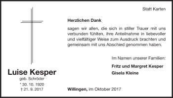 Traueranzeige von Luise Kesper von Waldeckische Landeszeitung