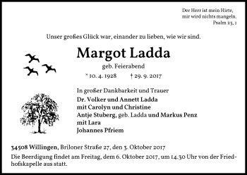Traueranzeige von Margot Ladda von Waldeckische Landeszeitung