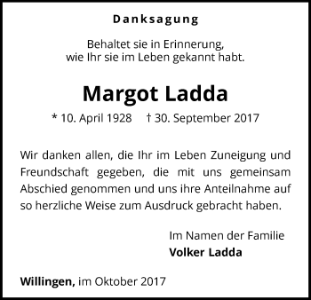 Traueranzeige von Margot Ladda von Waldeckische Landeszeitung