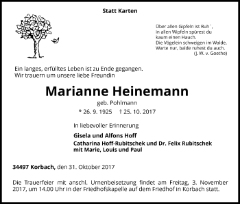 Traueranzeige von Marianne Heinemann von Waldeckische Landeszeitung