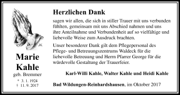 Traueranzeige von Marie Kahle von Waldeckische Landeszeitung