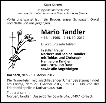 Traueranzeige von Mario Tandler von Waldeckische Landeszeitung
