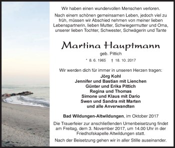 Traueranzeige von Martina Hauptmann von Waldeckische Landeszeitung