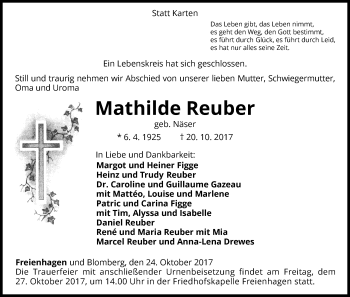 Traueranzeige von Mathilde Reuber von Waldeckische Landeszeitung