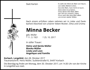 Traueranzeige von Minna Becker von Waldeckische Landeszeitung