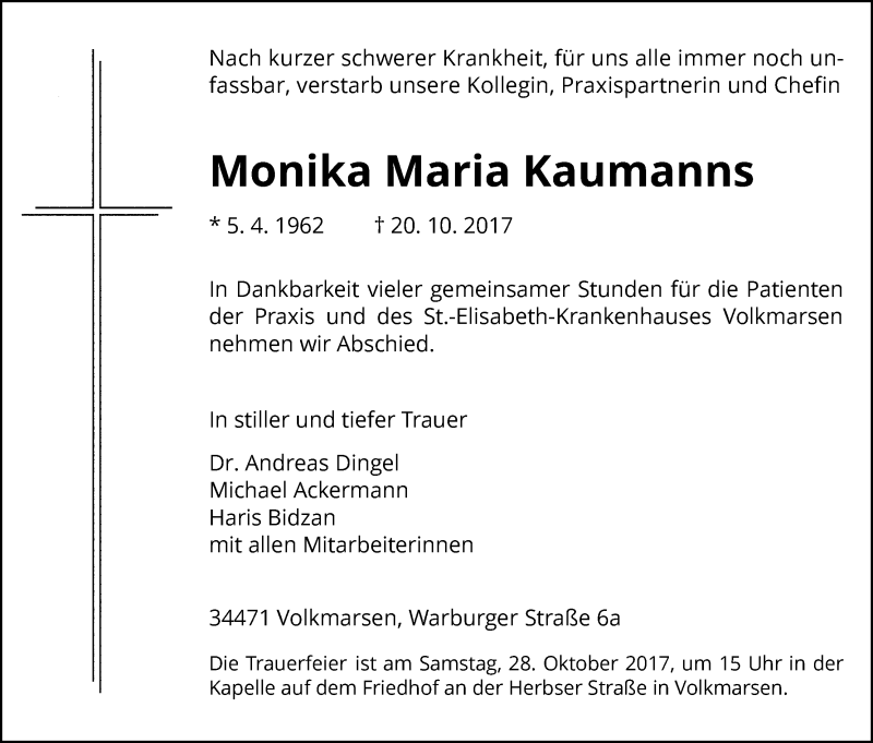  Traueranzeige für Monika Maria Kaumanns vom 25.10.2017 aus Waldeckische Landeszeitung