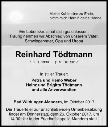 Traueranzeige von Reinhard Tödtmann von Waldeckische Landeszeitung