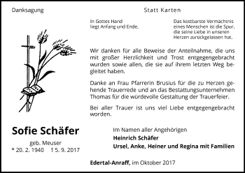 Traueranzeige von Sofie Schäfer von Waldeckische Landeszeitung