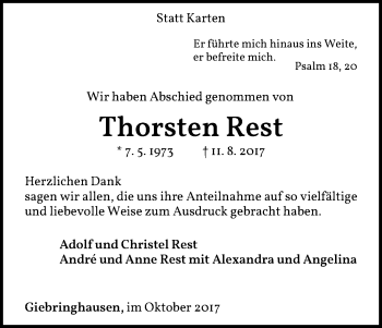 Traueranzeige von Thorsten Rest von Waldeckische Landeszeitung