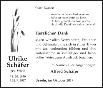 Traueranzeige von Ulrike Schäfer von Waldeckische Landeszeitung