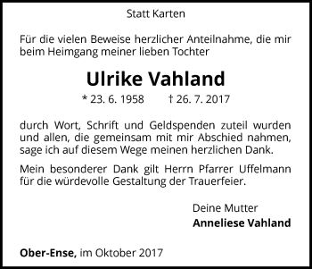 Traueranzeige von Ulrike Vahland von Waldeckische Landeszeitung