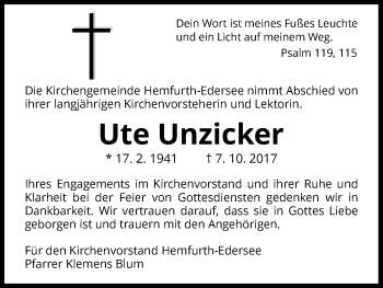 Traueranzeige von Ute Unzicker von Waldeckische Landeszeitung