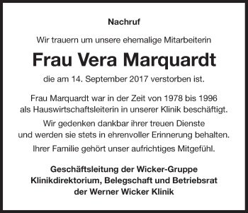 Traueranzeige von Vera Marquardt von Waldeckische Landeszeitung