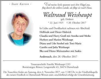 Traueranzeige von Waltraud Weishaupt von Waldeckische Landeszeitung