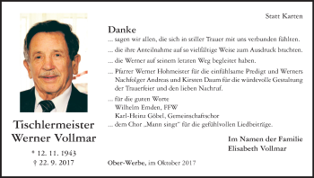 Traueranzeige von Werner Vollmar von Waldeckische Landeszeitung