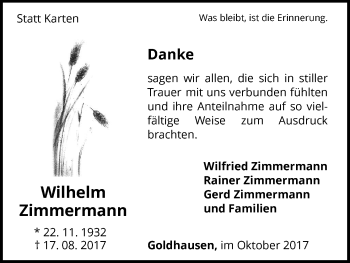 Traueranzeige von Wilhelm Zimmermann von Waldeckische Landeszeitung