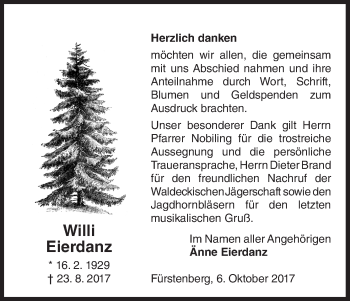 Traueranzeige von Willi Eierdanz von Waldeckische Landeszeitung