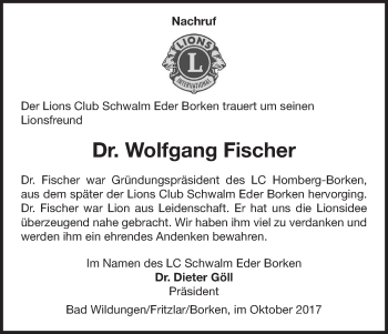 Traueranzeige von Wolfgang Fischer von Waldeckische Landeszeitung