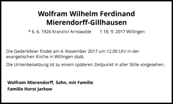 Traueranzeige von Wolfram Wilhelm Ferdinand Mierendorff-Gillhausen von Waldeckische Landeszeitung