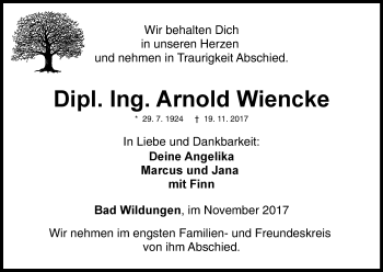 Traueranzeige von Arnold Wiencke von Waldeckische Landeszeitung