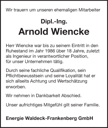 Traueranzeige von Arnold Wiencke von Waldeckische Landeszeitung