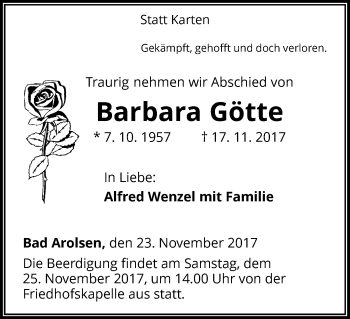 Traueranzeige von Barbara Götte von Waldeckische Landeszeitung