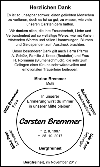 Traueranzeige von Carsten Bremmer von Waldeckische Landeszeitung