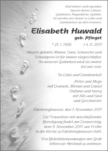 Traueranzeige von Elisabeth Huwald von Waldeckische Landeszeitung