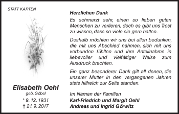Traueranzeige von Elisabeth Oehl von Waldeckische Landeszeitung