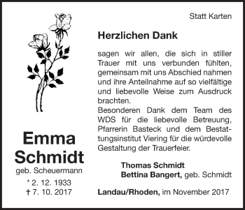 Traueranzeige von Emma Schmidt von Waldeckische Landeszeitung