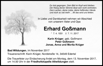 Traueranzeige von Erhard Goßmann von Waldeckische Landeszeitung