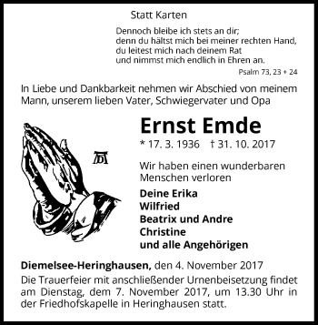 Traueranzeige von Ernst Emde von Waldeckische Landeszeitung